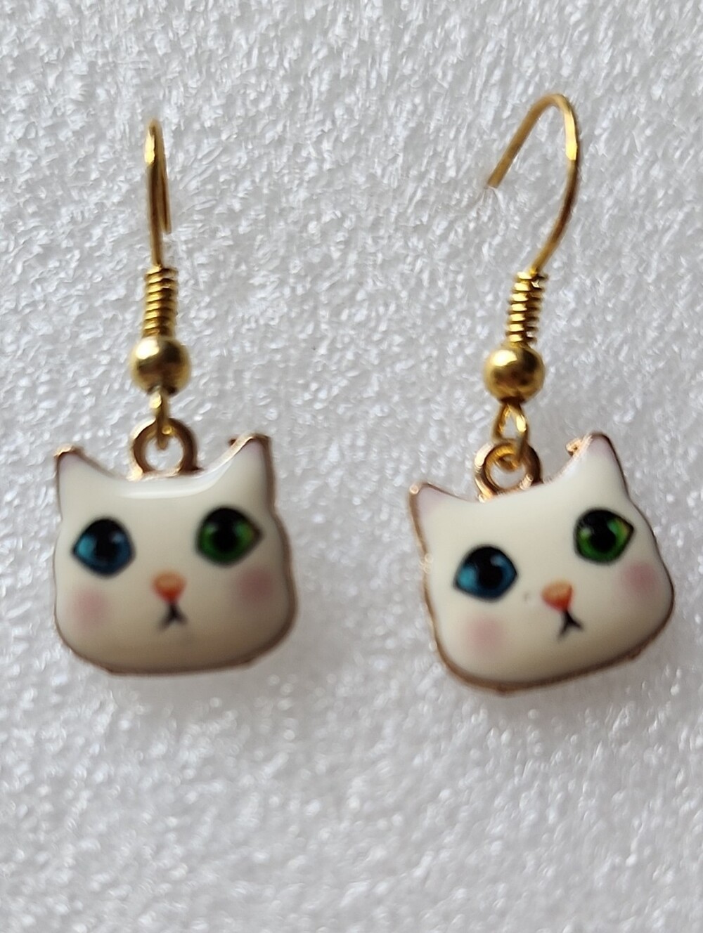 Hand Crafted White Cat Face Earrings with Blue & Green Eyes